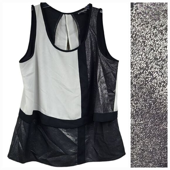 Express Black Cream Silver Color Block Metallic Open Back Sleeveless Work Blouse - Picture 1 of 11